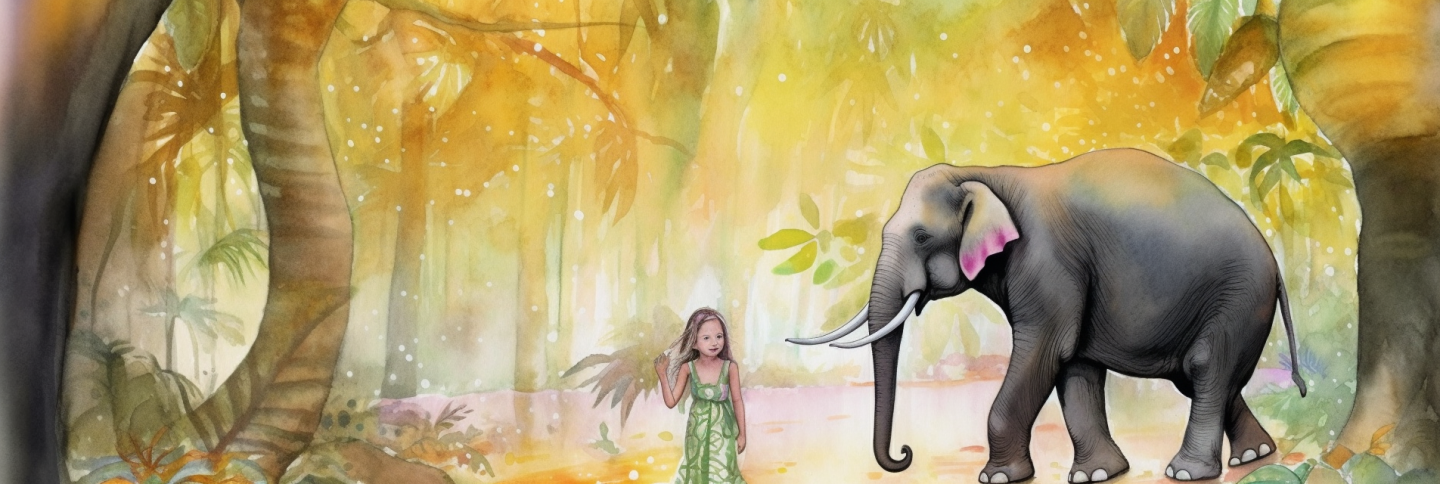 water color of a young girl and a white elephant in tropical jungle