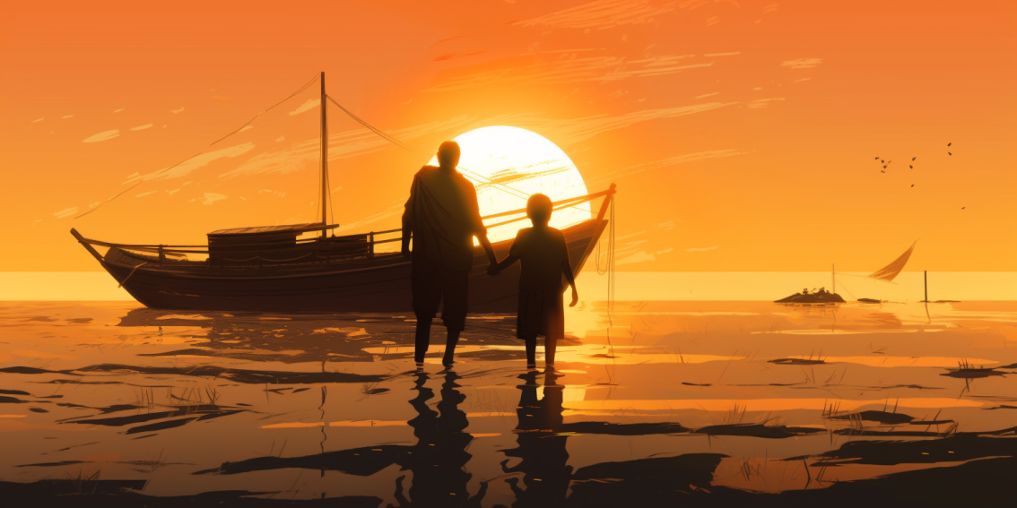 silhouette of father and son holding hand on the shore with sunset
