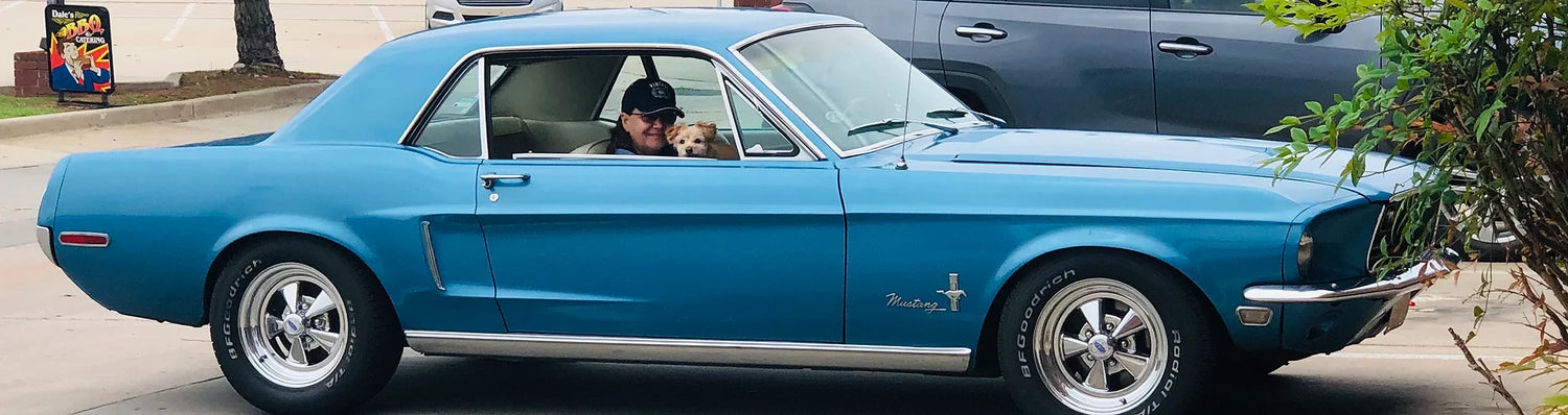 Quill Hawk Publishing partner Dee Britt in Blue Mustang with her dog